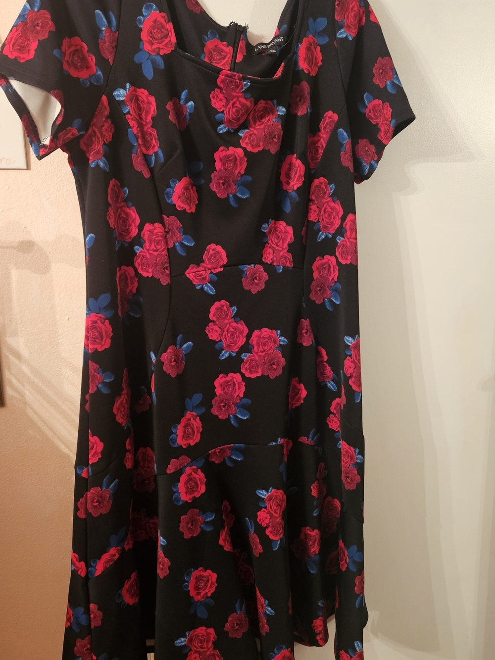 Lane Bryant Black Dress with Red Rose & Blue Accents